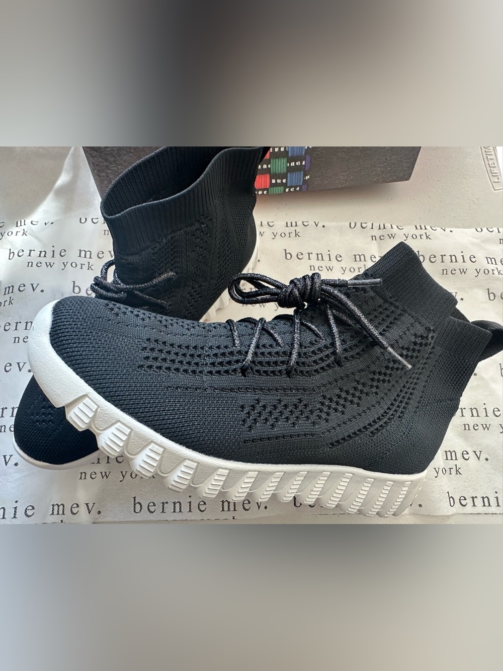 bernie mev. Men’s Black Knit Lace-Up Sock Sneaker with White Sole